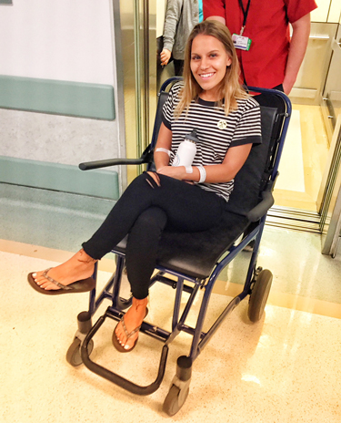Rachel leaving the hospital after her surgery to remove a brain tumor. Photo courtesy of Rachel Brandt.