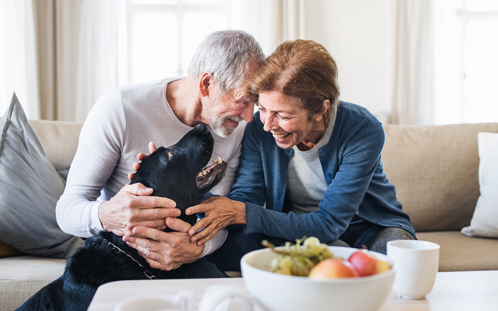 Elderly couple in their home with their dog.