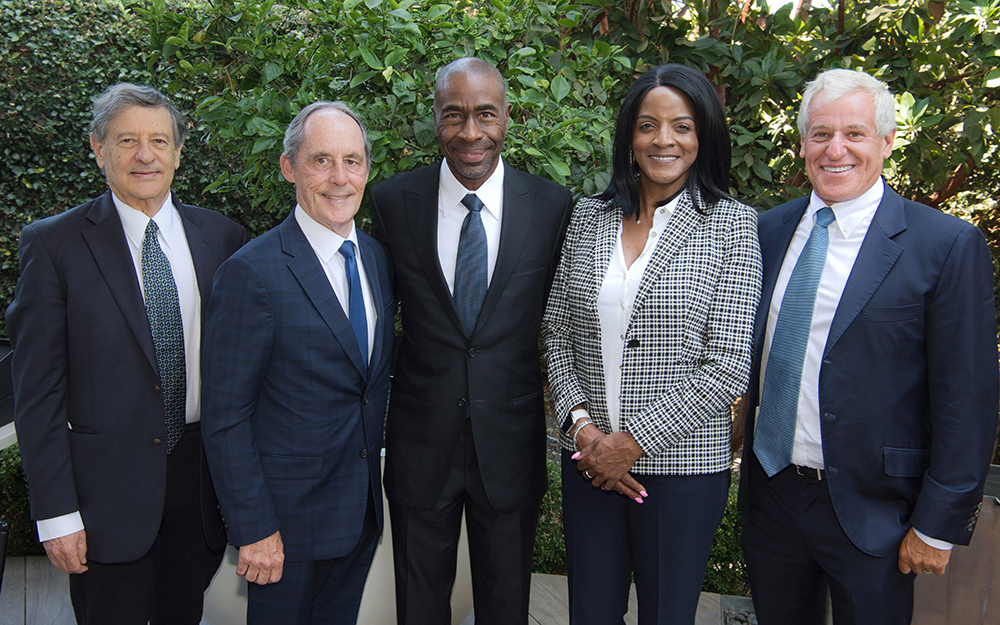 Shlomo Melmed, MB, ChB, executive vice president for Medicine and Health Sciences and dean of the medical faculty, Cedars-Sinai; Thomas M. Priselac, president and CEO, Cedars-Sinai; Keith Black, MD, chair and professor, Department of Neurosurgery, Cedars-Sinai; Valerie Ervin, president of The Ray Charles Foundation; and James Lippman, (former) chair, Cedars-Sinai Board of Directors.