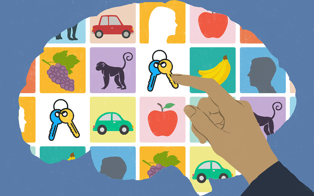 Illustration of a hand pointing to a brain.